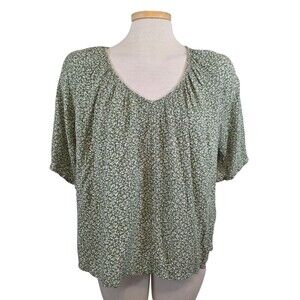 Faherty Top Womans Small Green Amira Ditsy Floral V Neck Short Sleeve Crepe